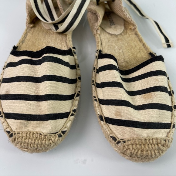 Soludos Shoes Espadrille Ankle Flats‎ Tie Striped Black White Tan Cream - Picture 4 of 12